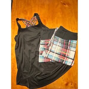 Athleisure Chic 3 Piece Activewear Set Large Black Plaid Tank Top and 2 Joggers